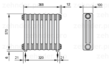 Схема (чертеж) Радиатор Zehnder Charleston 3057/8 №3570 Белый глянцевый RAL 9016